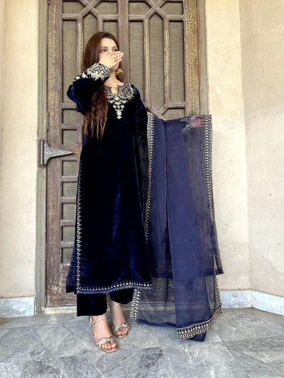 Micro valvet tilla embroidered three pc suit