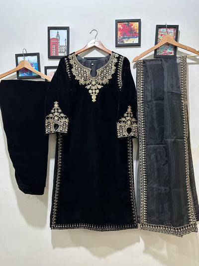 Micro valvet tilla embroidered three pc suit