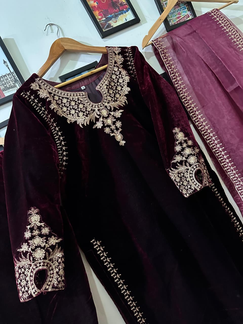 Micro valvet tilla embroidered three pc suit