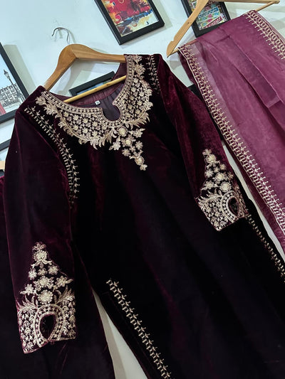 Micro valvet tilla embroidered three pc suit